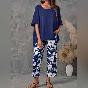 SHEIN Emery Rose Navy White Floral Two Piece Set Sz 3X NWT